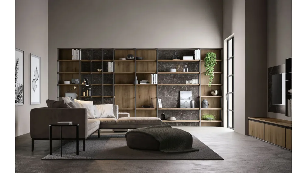 Libreria Living Kronos in metallo e laminato effetto legno e effetto marmo di Arredo3